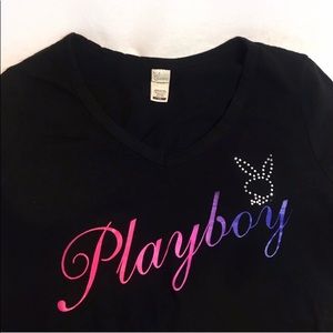 Black and pink rhinestone playboy top